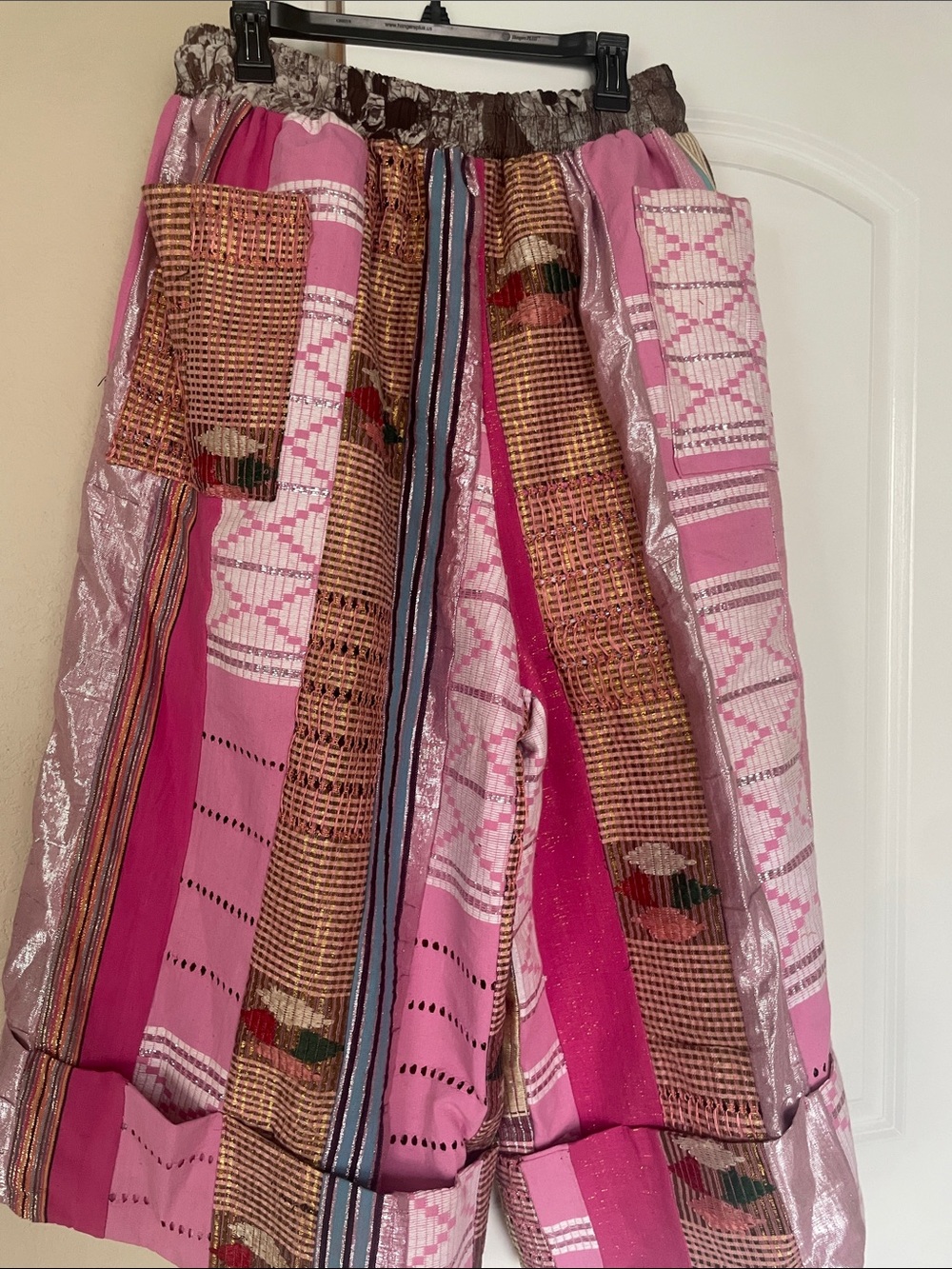 Moye Africa moyeafrica Aso Oke Pink Patchwork Cropped Wide-Leg Pants. Nigerian